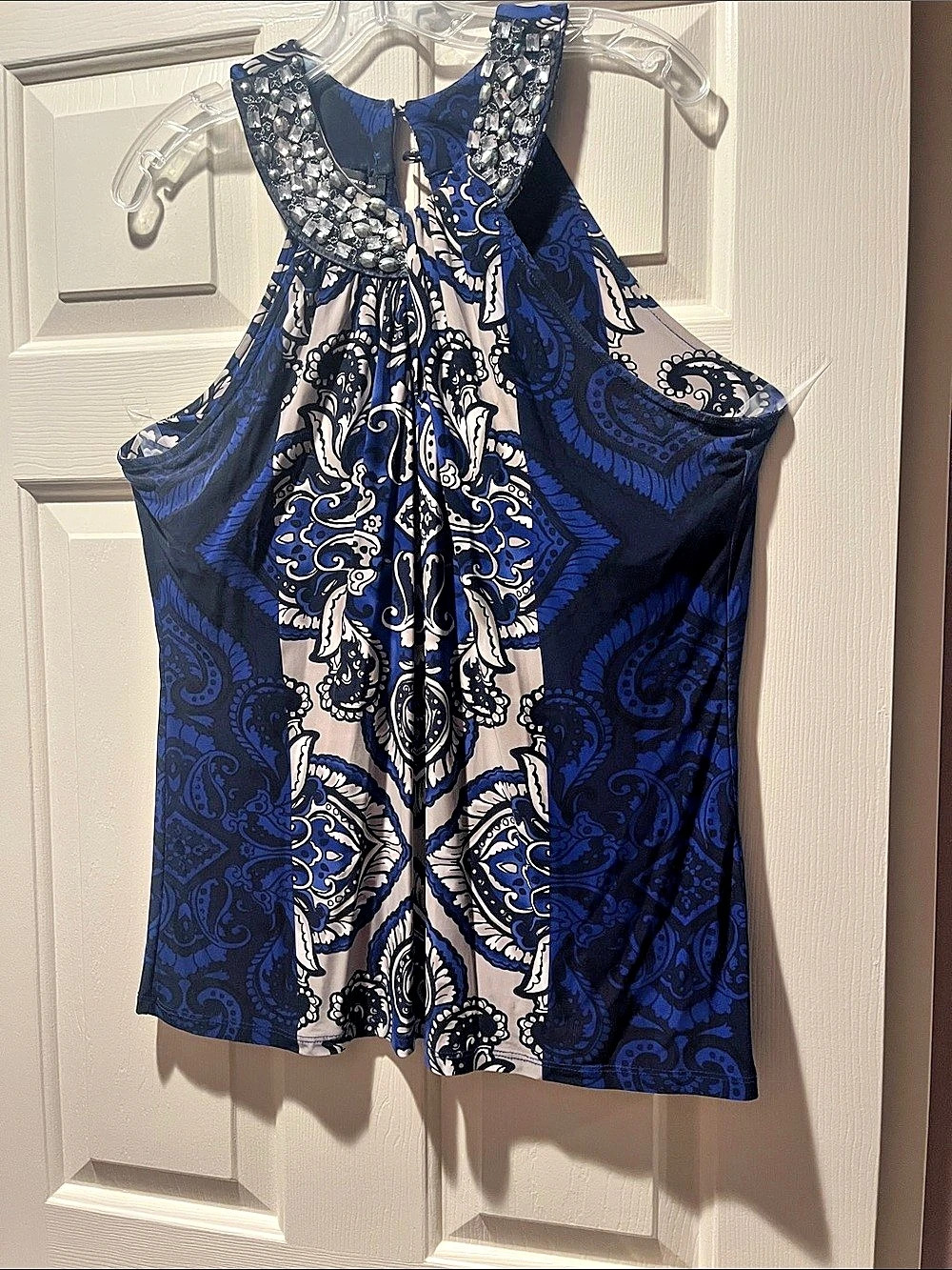 International Concepts Paisley Embellished Tank Top in Blue & White